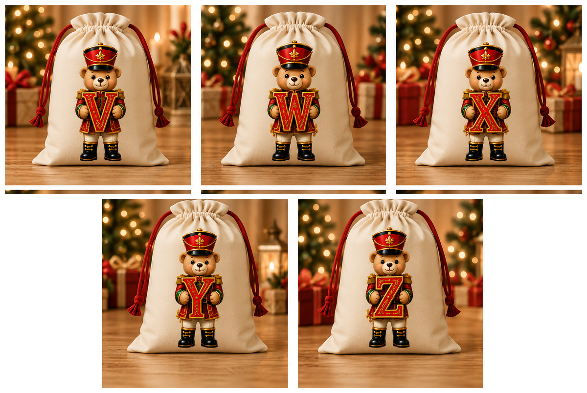 Cream Christmas sacks with Teddy Nutcracker initials V to Z