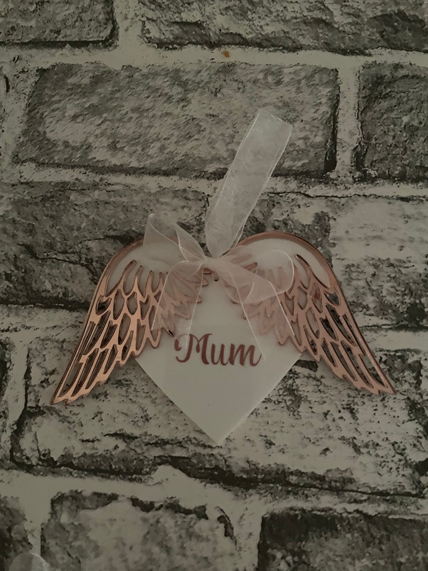 Personalized Angel Wings Bauble - Mirrored Rose Gold/Silver, Custom Name - Memorial Christmas Tree Ornament