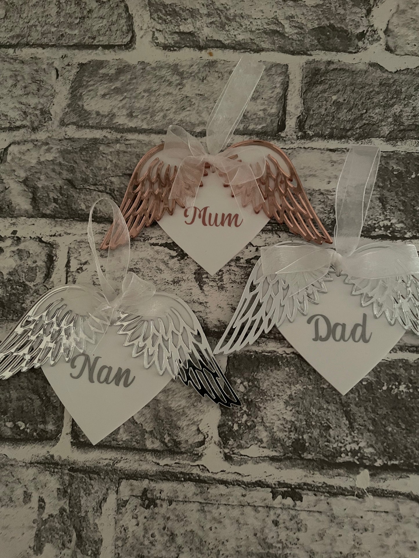 Personalized Angel Wings Bauble - Mirrored Rose Gold/Silver, Custom Name - Memorial Christmas Tree Ornament