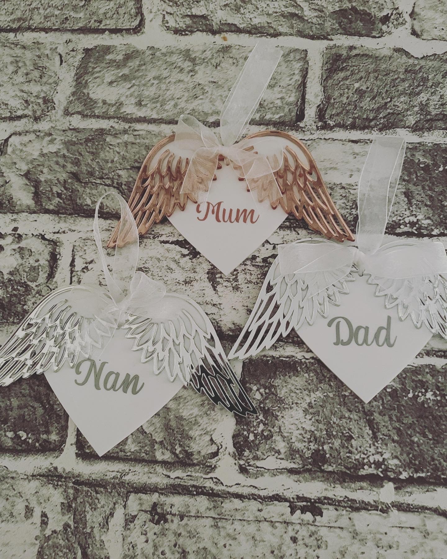 Personalized Angel Wings Bauble - Mirrored Rose Gold/Silver, Custom Name - Memorial Christmas Tree Ornament