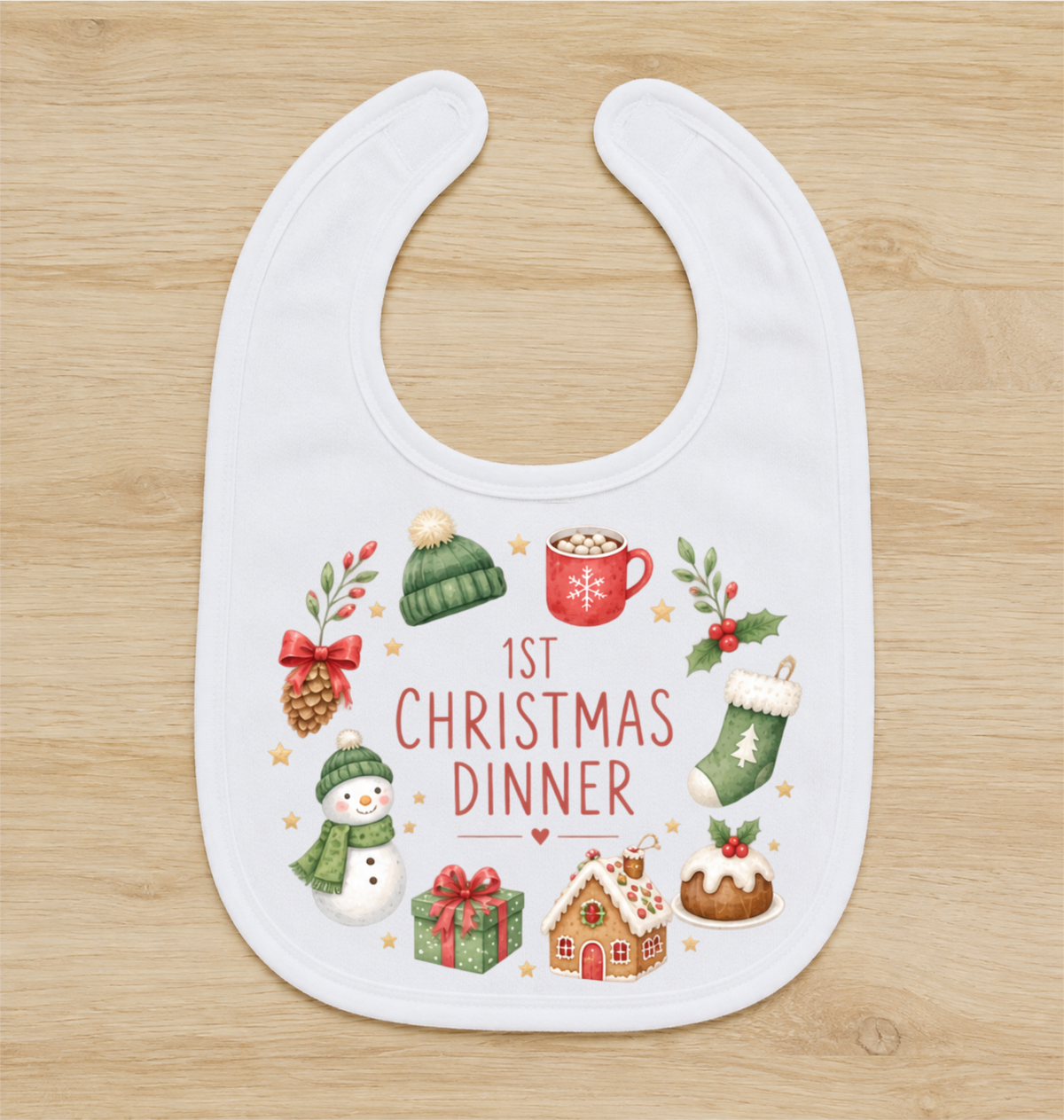 Teddy and Christmas train My First Christmas Dinner cream baby bib