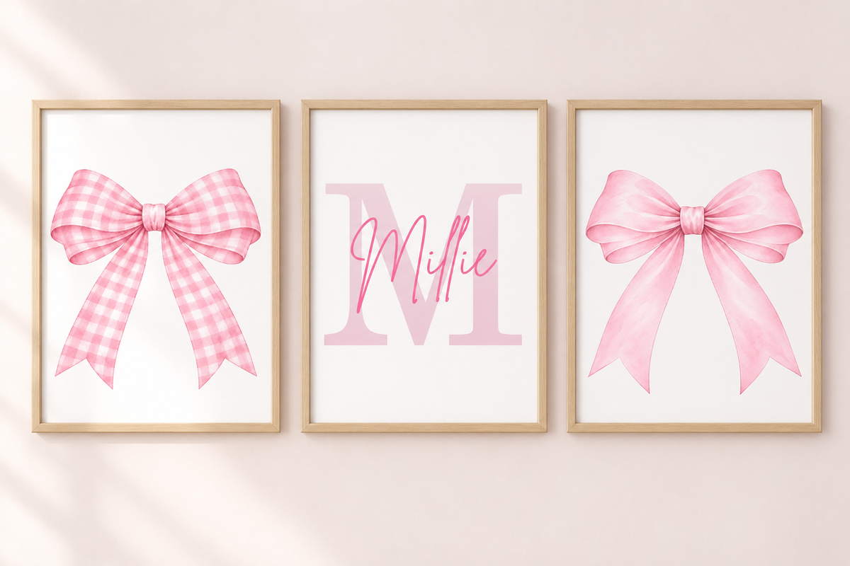 Pink bow and personalised name and initial print set; frames shown for styling only.