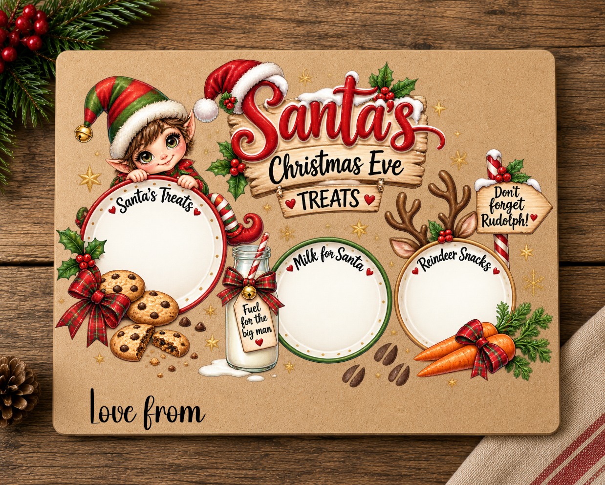 Personalised rectangular elf Santa Christmas Eve MDF treat board