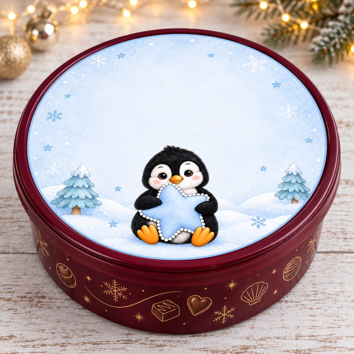 Blue penguin Christmas chocolate tub lid sticker