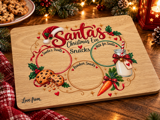 Personalised Santa's Christmas Eve snacks board with spaces for Santa's treats, milk and reindeer snacks