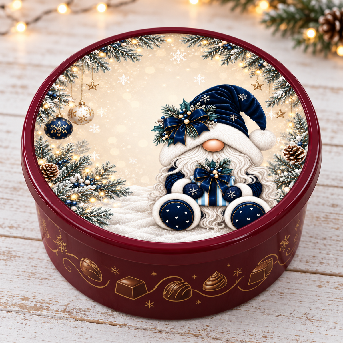Navy gnome Christmas chocolate tub lid sticker