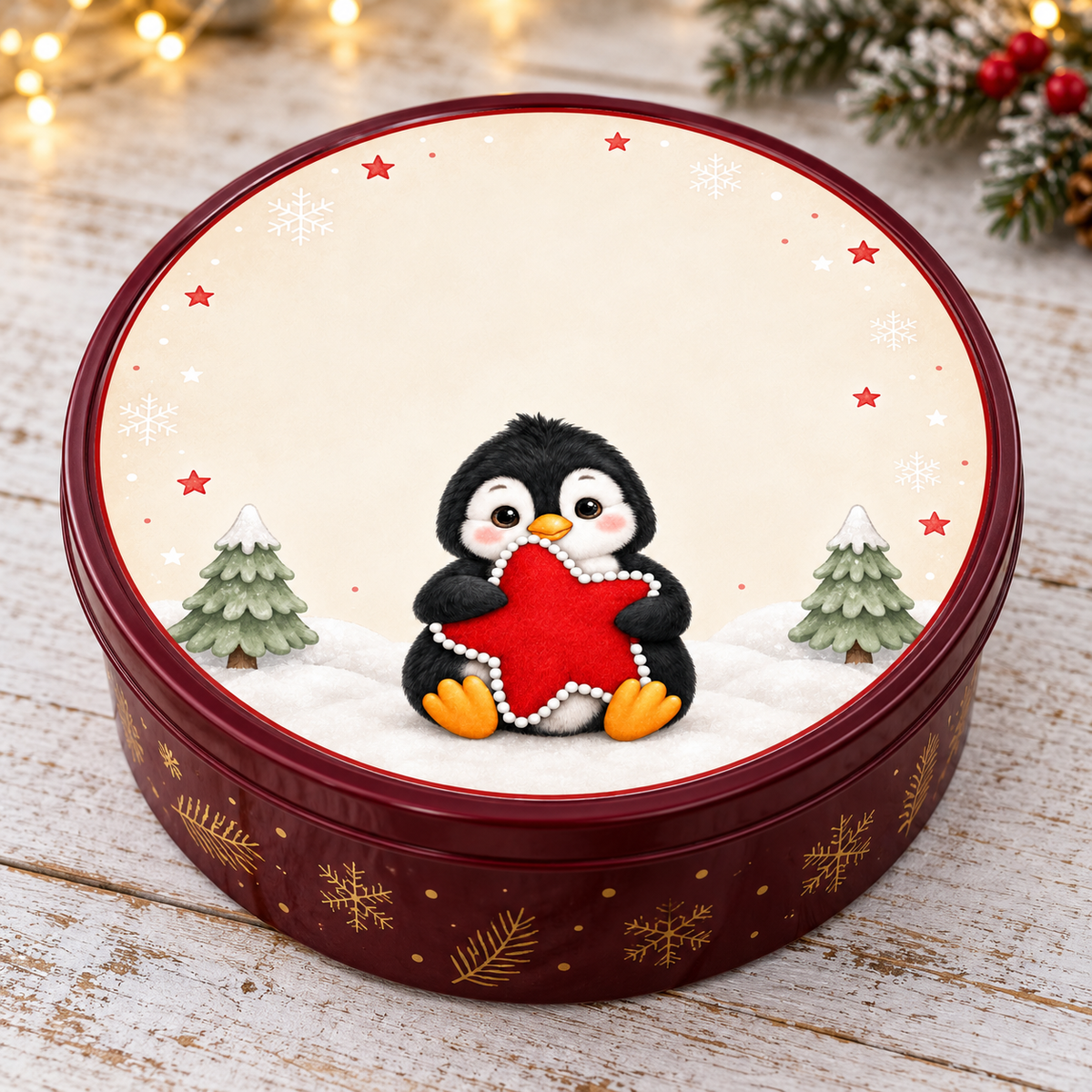 Red penguin Christmas chocolate tub lid sticker