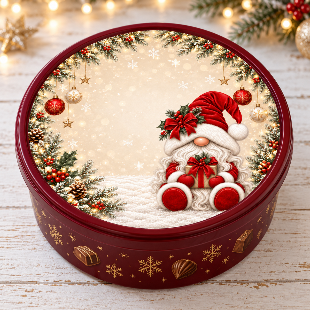 Red gnome Christmas chocolate tub lid sticker
