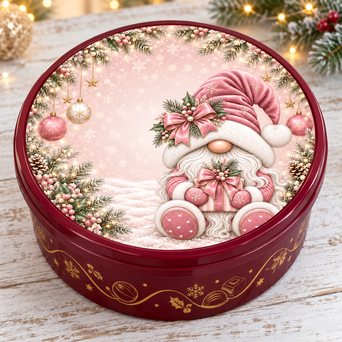 Pink gnome Christmas chocolate tub lid sticker