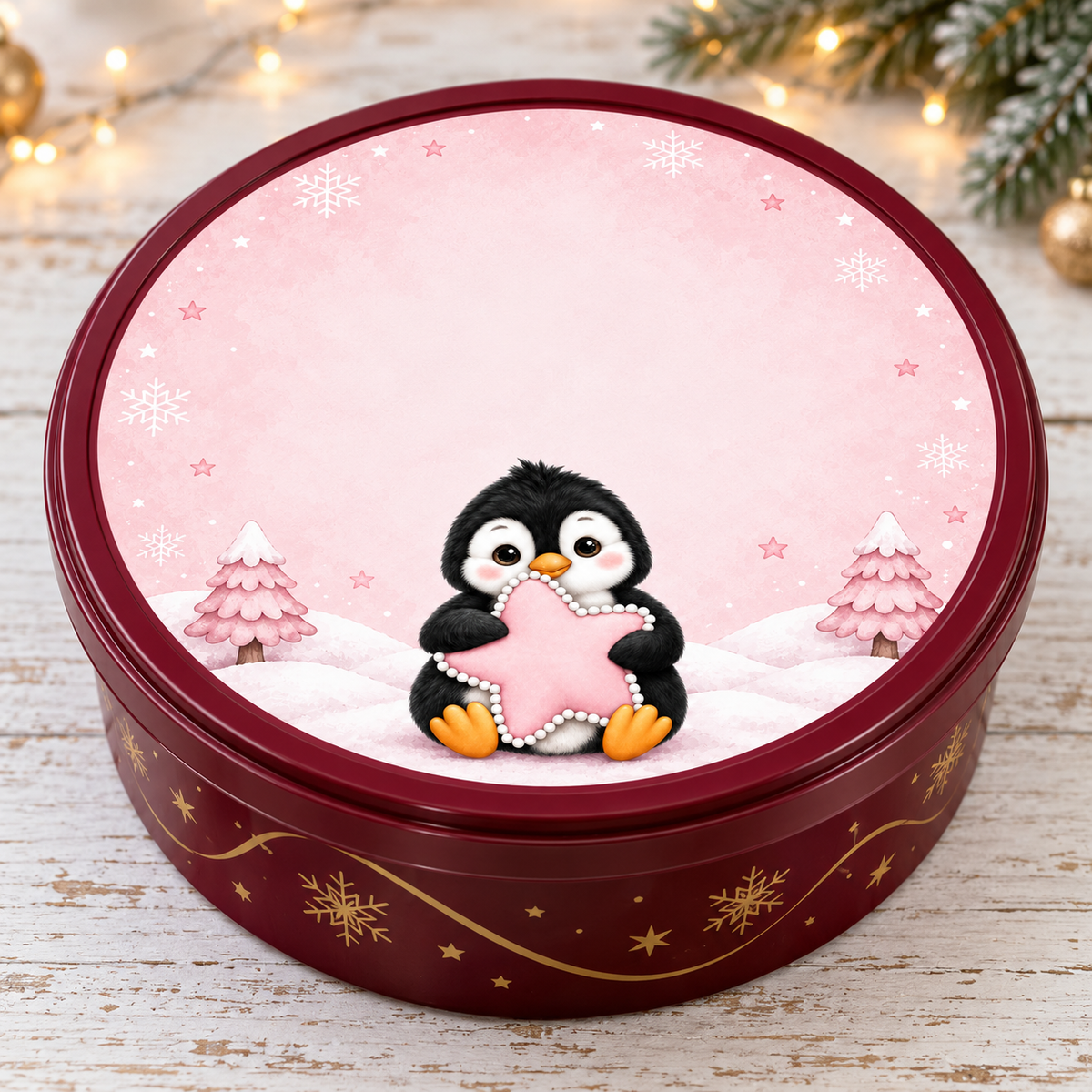 Pink penguin Christmas chocolate tub lid sticker