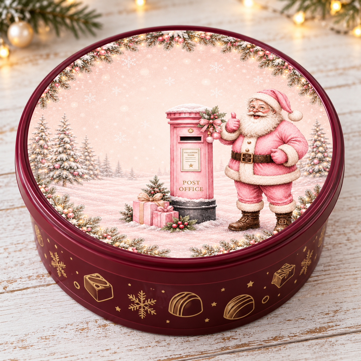 Pink Santa with pink postbox Christmas chocolate tub lid sticker