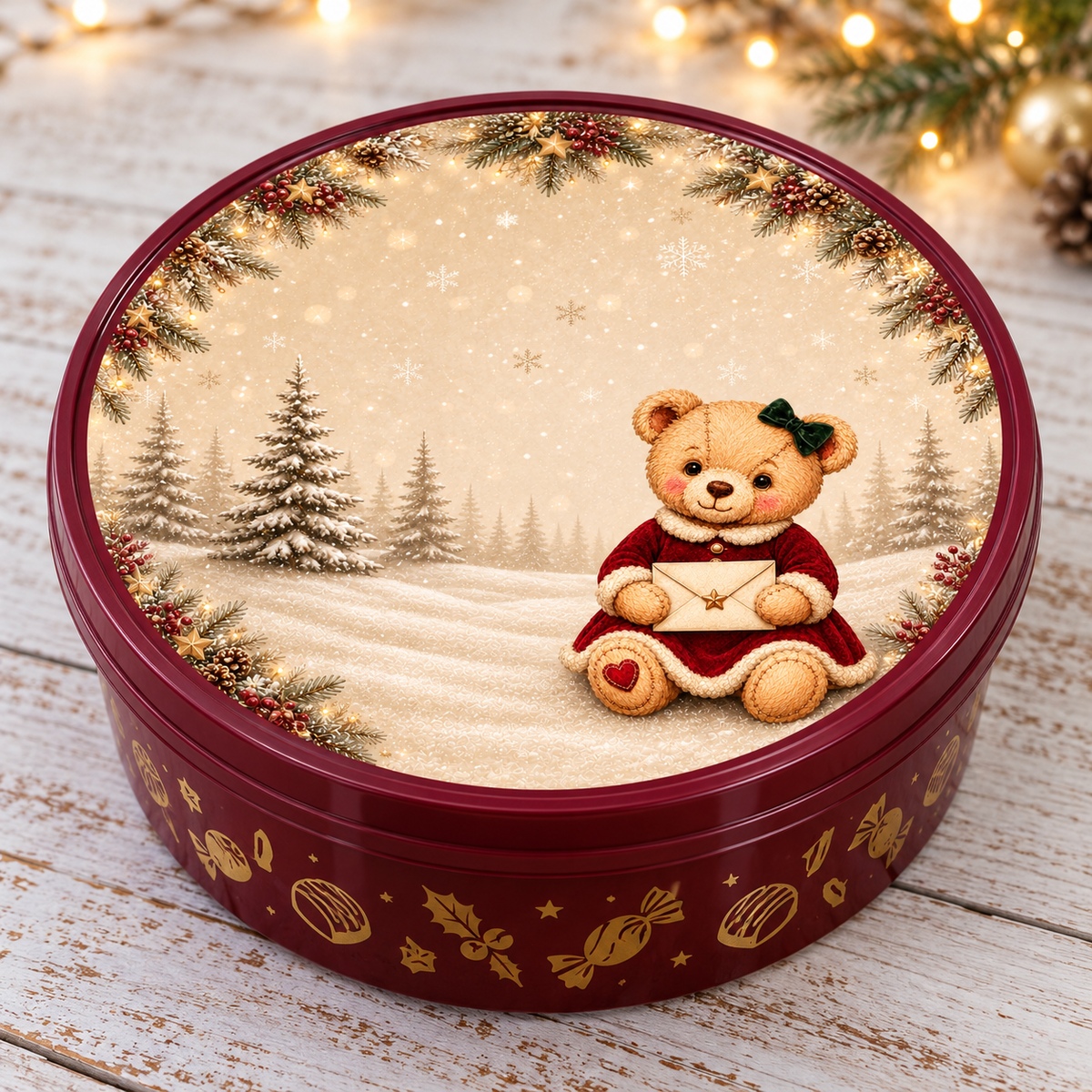 Teddy bear holding a letter Christmas chocolate tub lid sticker