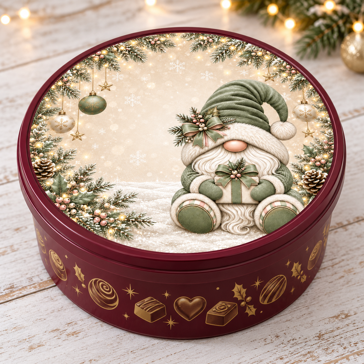 Sage green gnome Christmas chocolate tub lid sticker