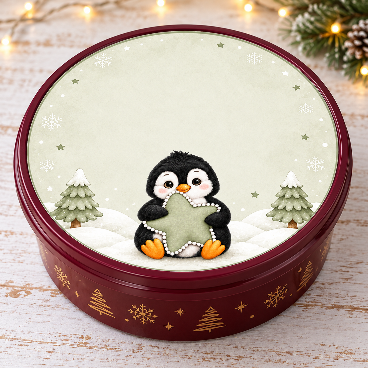Sage green penguin Christmas chocolate tub lid sticker