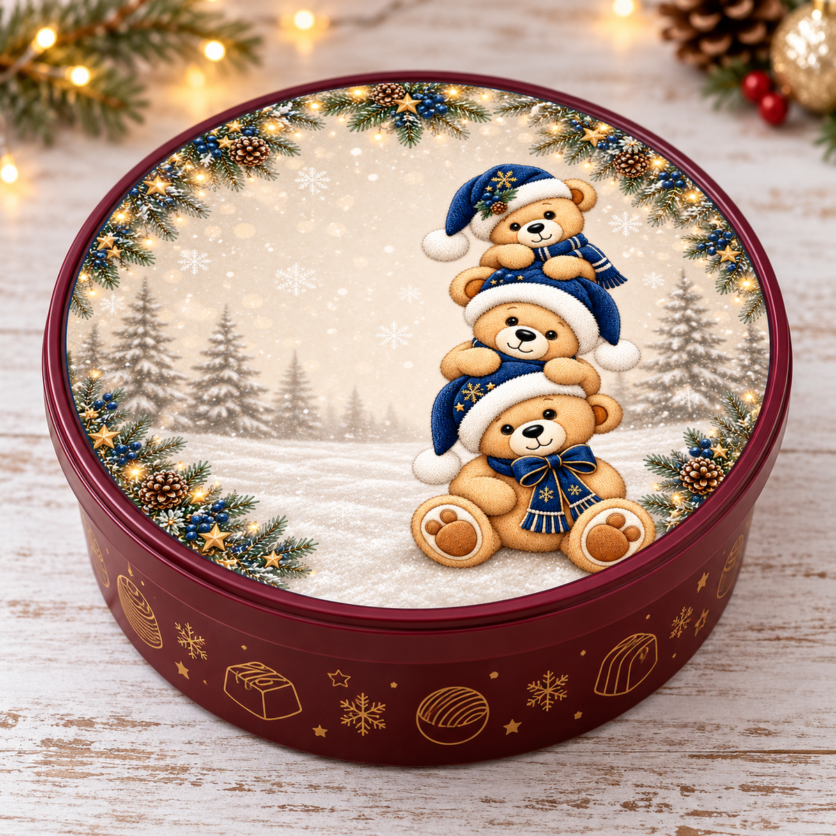 Stacked teddy bears Christmas chocolate tub lid sticker