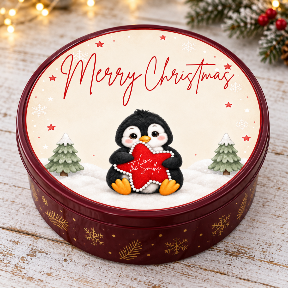 Christmas chocolate tub lid sticker with red penguin design and handwritten Merry Christmas message