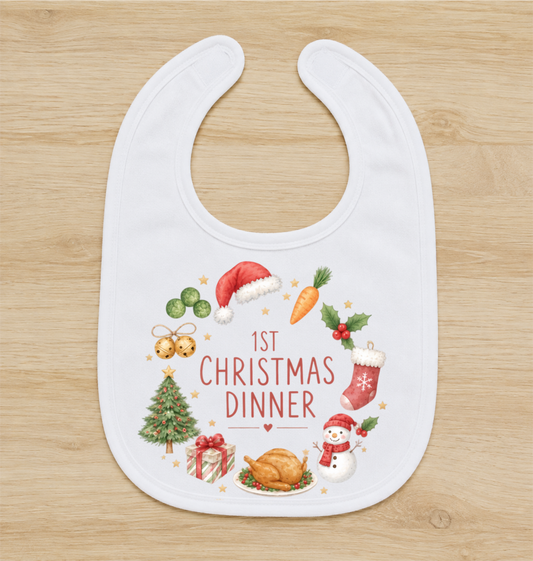 Pink teddy My First Christmas Dinner cream baby bib