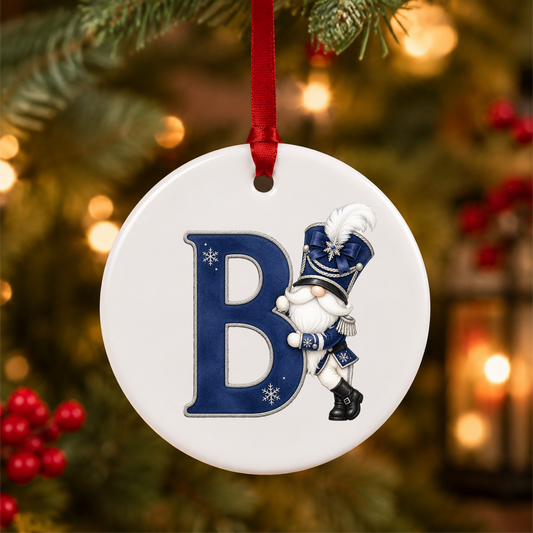 Navy Christmas gnome initial B ceramic hanging decoration design