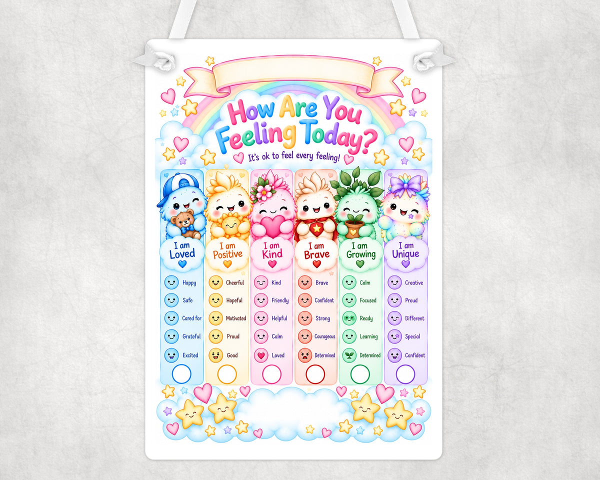 Personalised children's feelings board with rainbow and colourful characters