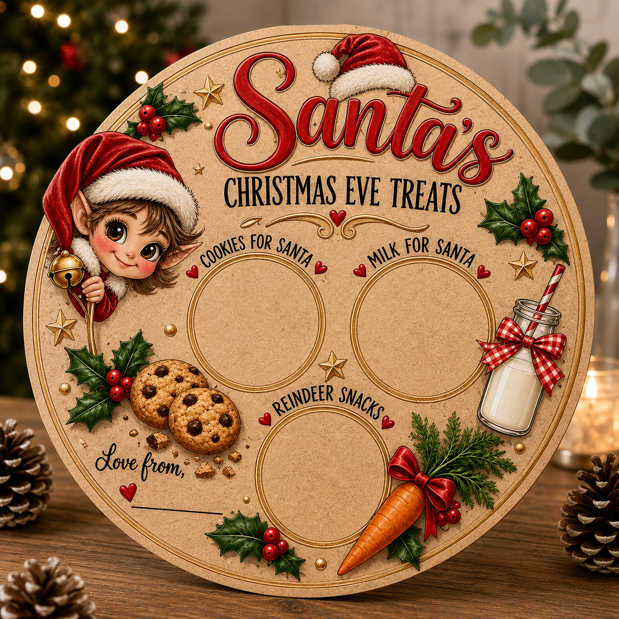 Personalised round elf Christmas Eve MDF treat board