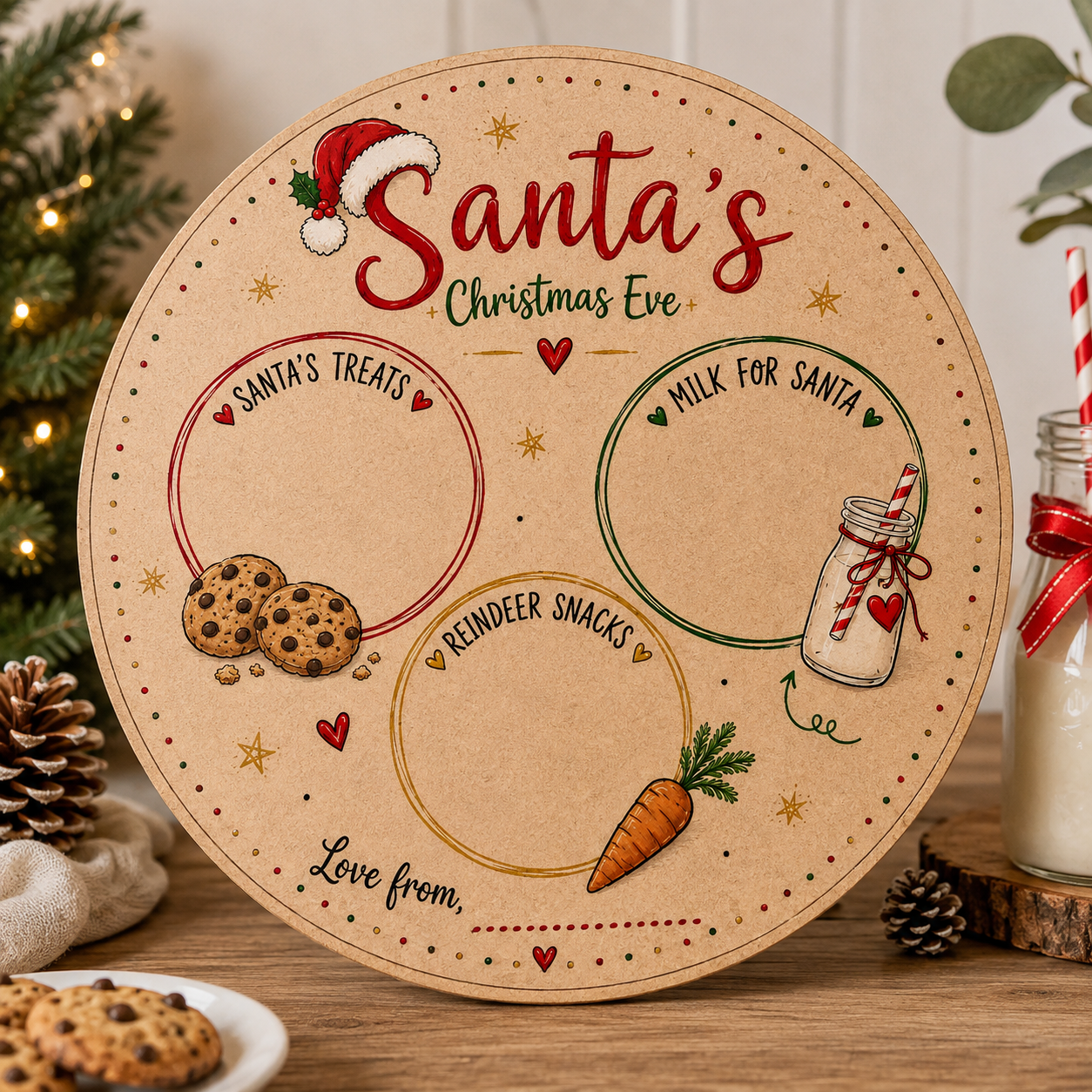 Personalised simple round Santa Christmas Eve MDF treat board
