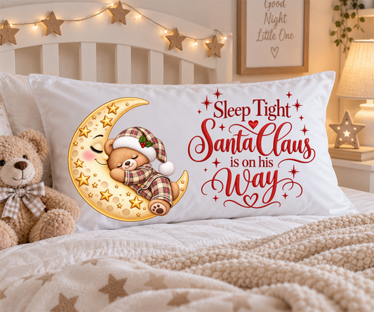 Beige tartan teddy Sleep Tight Santa Claus Christmas pillowcase
